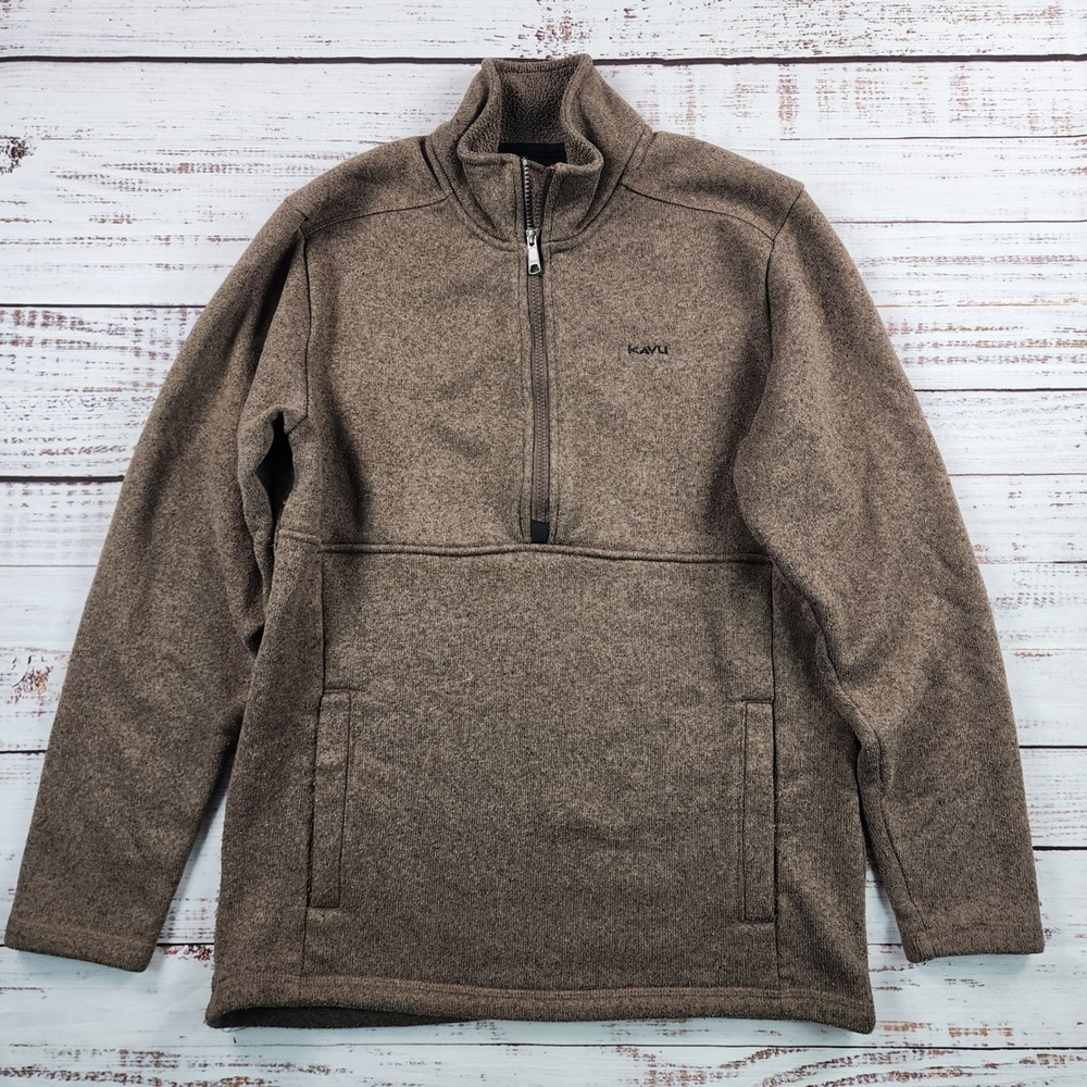 KAVU Fleece Pullover Mens M Brown Heather Half Zip Kangaroo Pocket Hiking